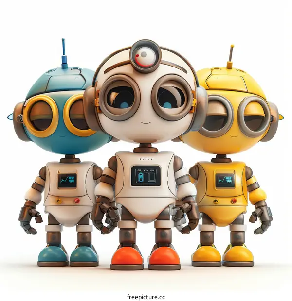 Three cute cartoon robots standing together