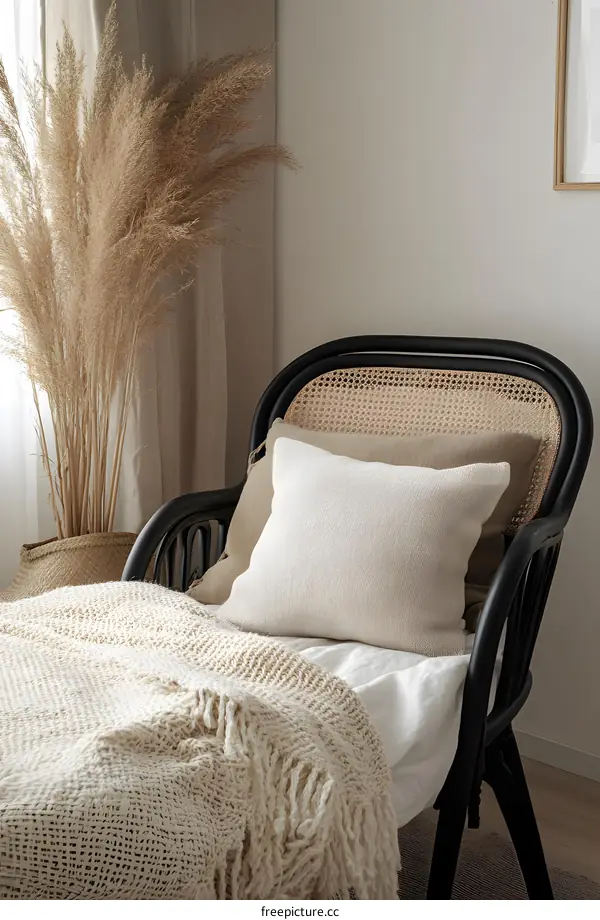 Beige Knitted Throw Blanket on a Wicker Chair