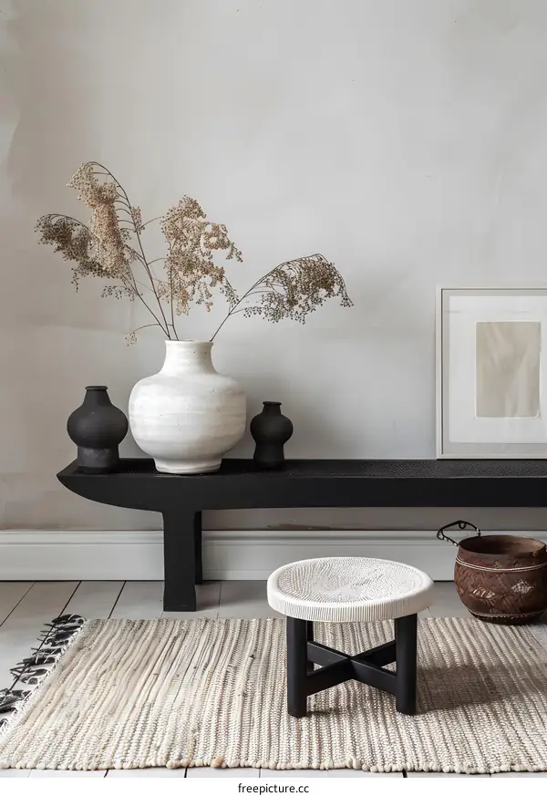 White Vase with Dried Flowers on a Black Wooden Bench in Minimalist Interior Design