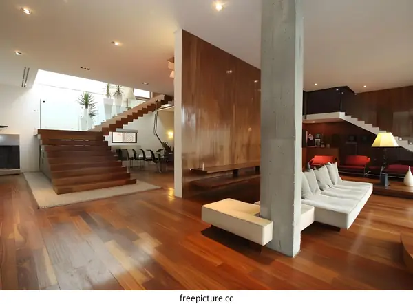 Modern Interior Design with Wooden Flooring and Concrete Column