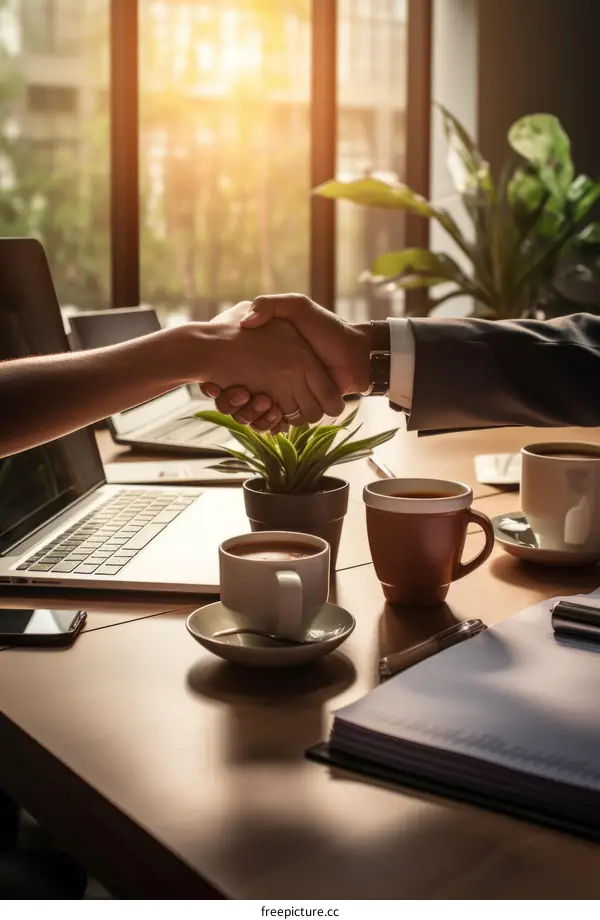Business Deal: Handshake and Coffee