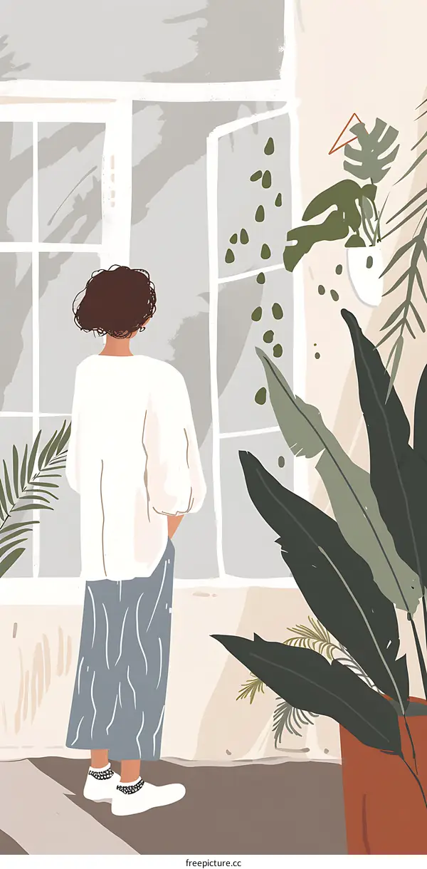 Woman Looking Out Window at Plants Illustration