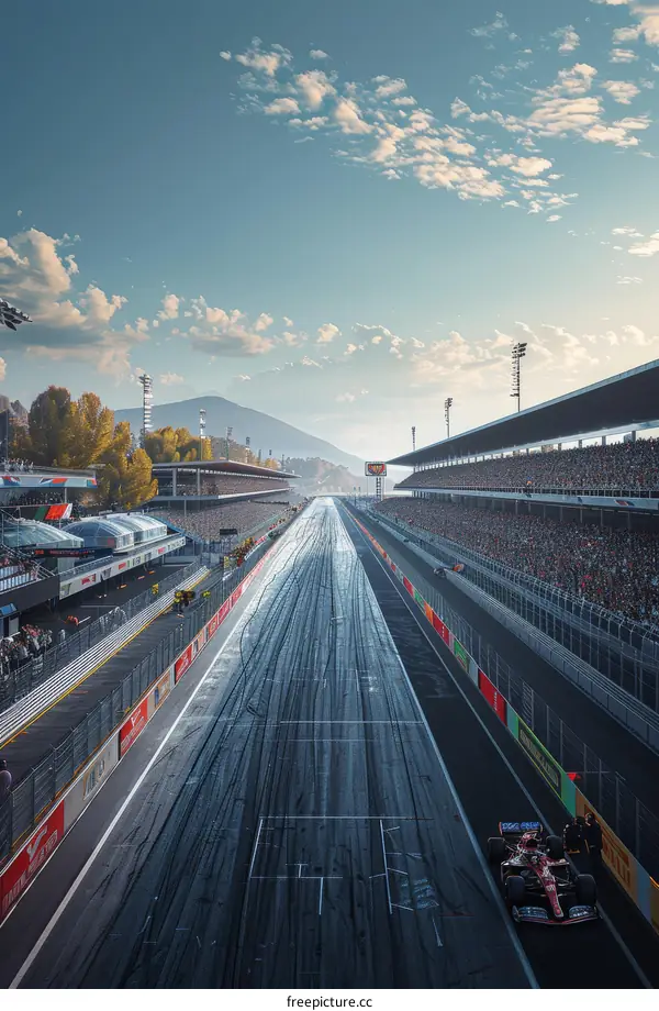 Formula One race car on a race track with a crowd of spectators in the stands