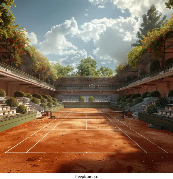 An empty tennis court with overgrown plants