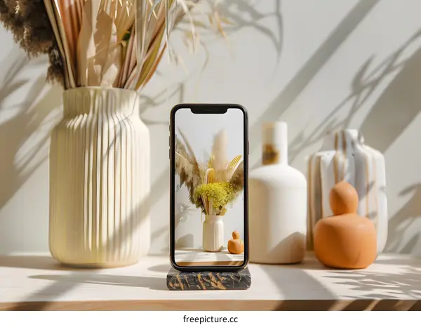 Dried Flowers in Vase on Phone Screen on Wooden Table