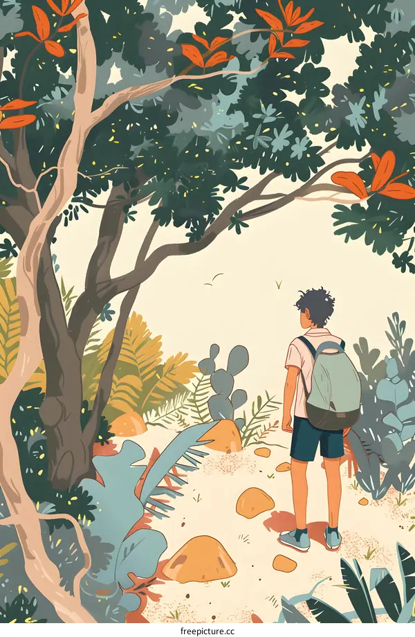 A Man Walks Alone Through the Forest on a Hiking Trail