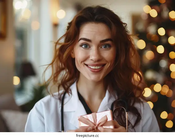 Portrait of a smiling female doctor holding a gift box