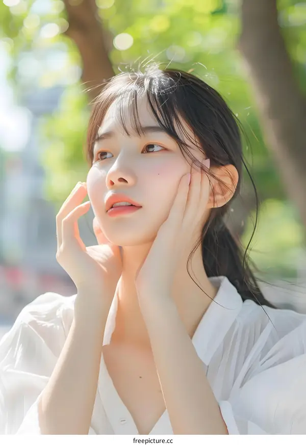 Beautiful Asian Girl with Long Black Hair Posing Outdoors