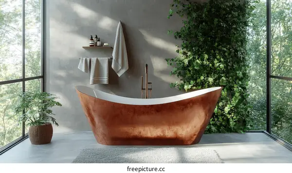 Modern Copper Bathtub with Lush Greenery