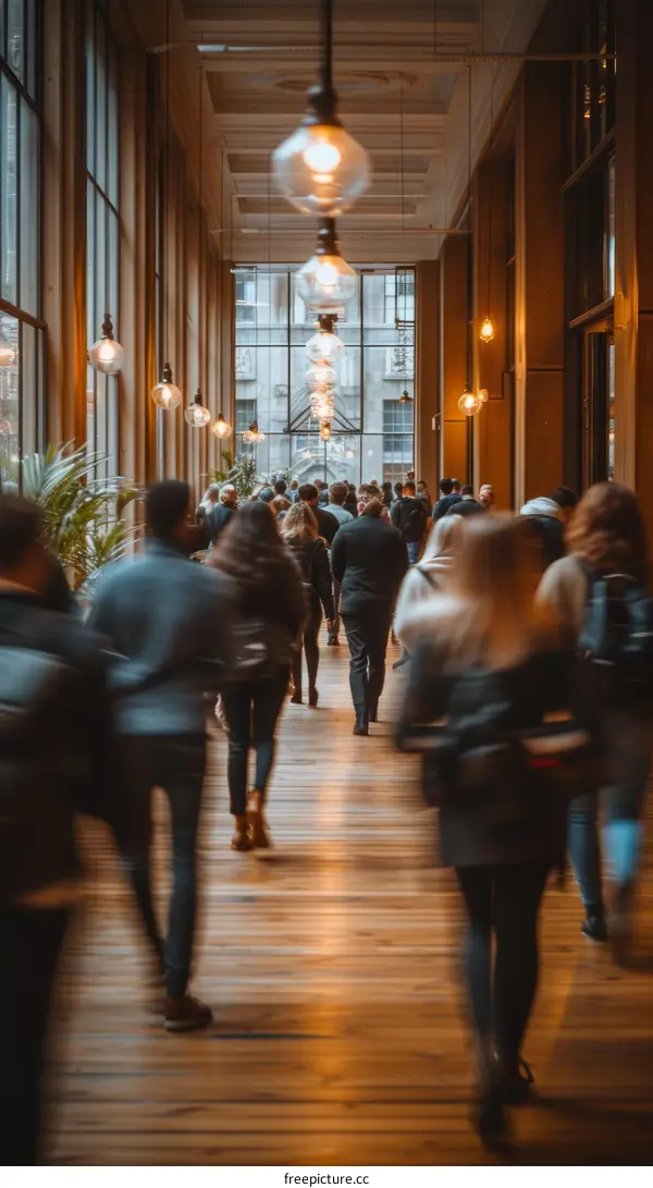 Motion blur of people walking in a busy city street with glass windows and hanging lights