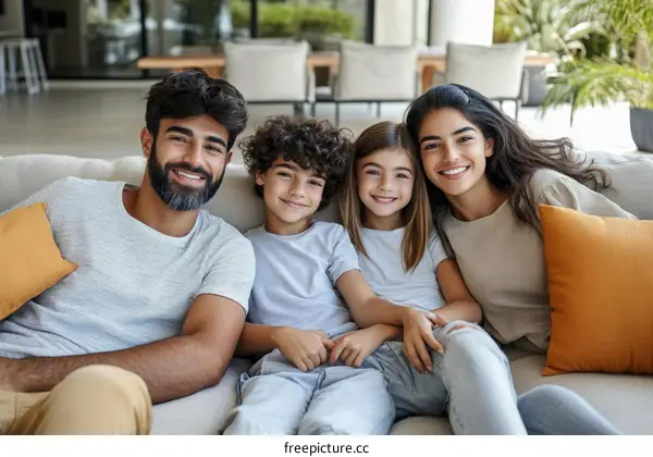 Happy Family Sitting on Sofa Indoor
