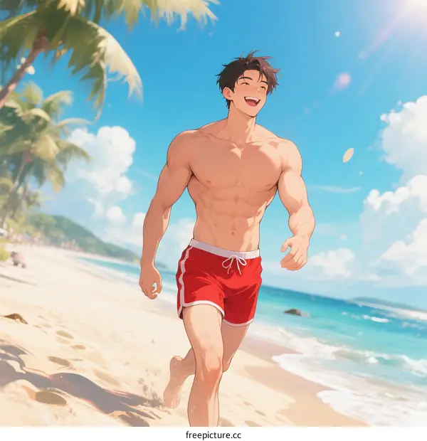 Muscular man running on a sunny beach with palm trees