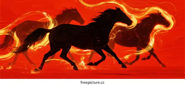 Three black horses running with fiery manes on red background