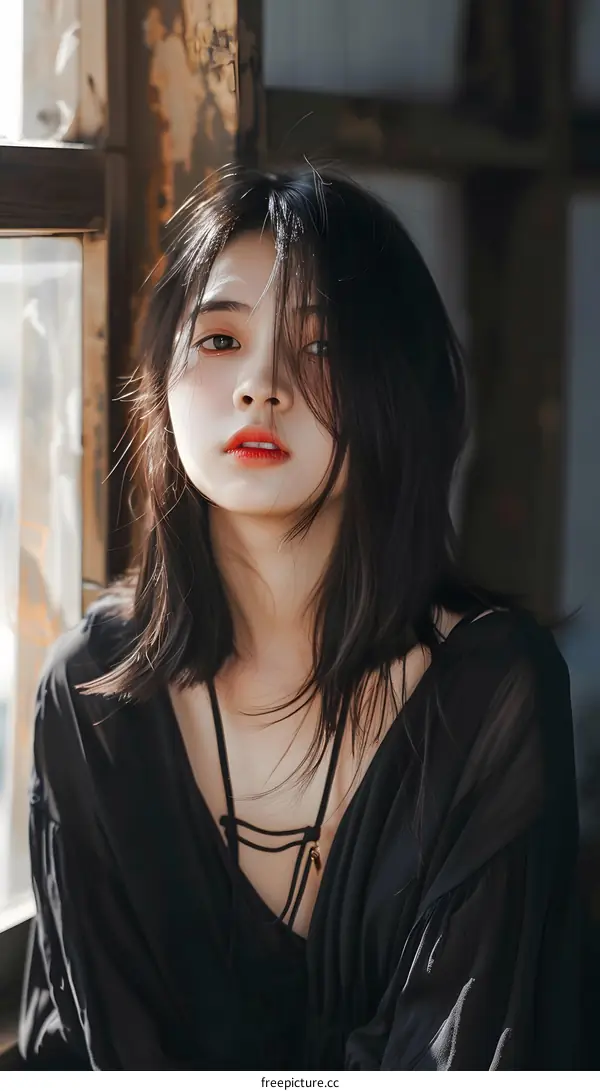 Portrait of Young Woman with Long Black Hair in Black Blouse