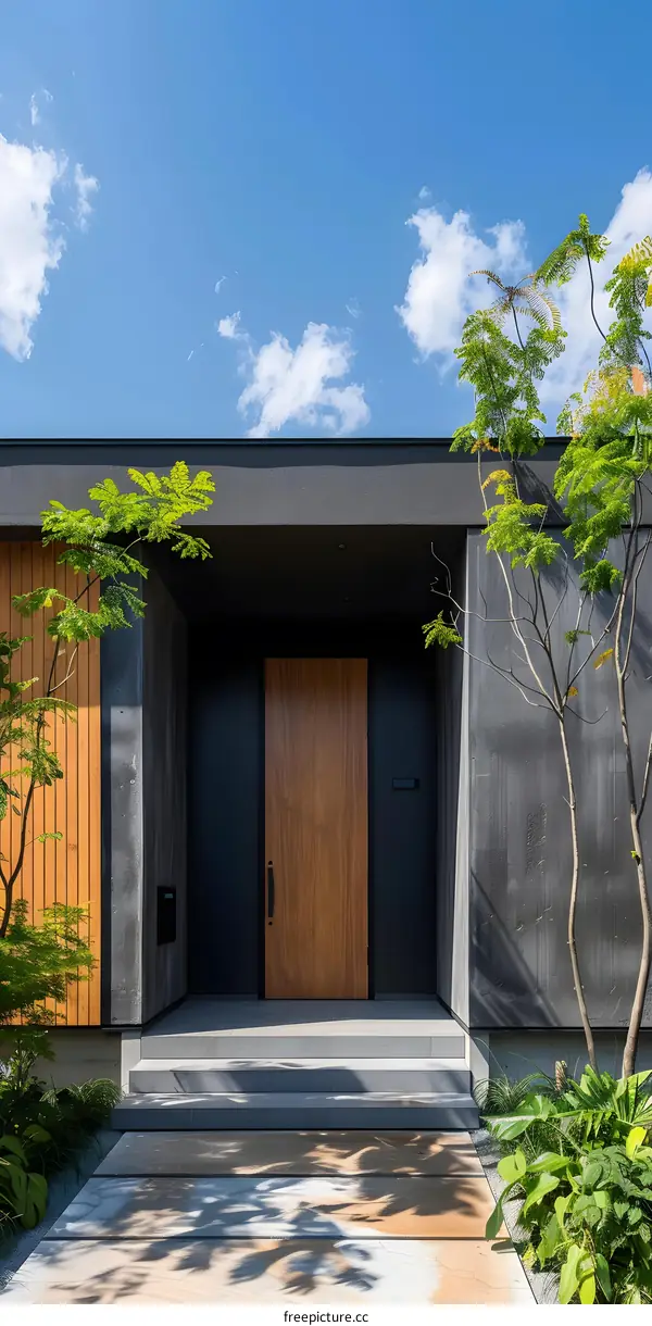 Modern House Entrance with Wooden Door and Green Plants