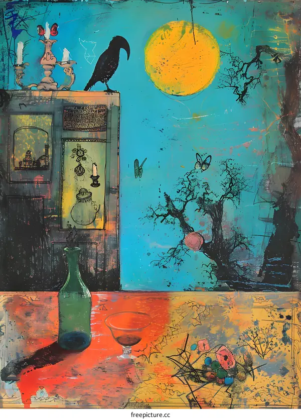 Surrealist Painting of a Crow, a Tree and a Table