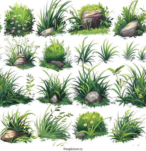 A collection of various types of grass and rocks