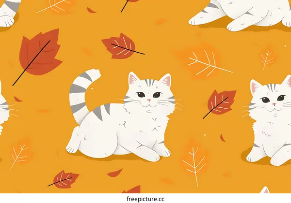 Cute White Cat with Fall Leaves Seamless Pattern Illustration