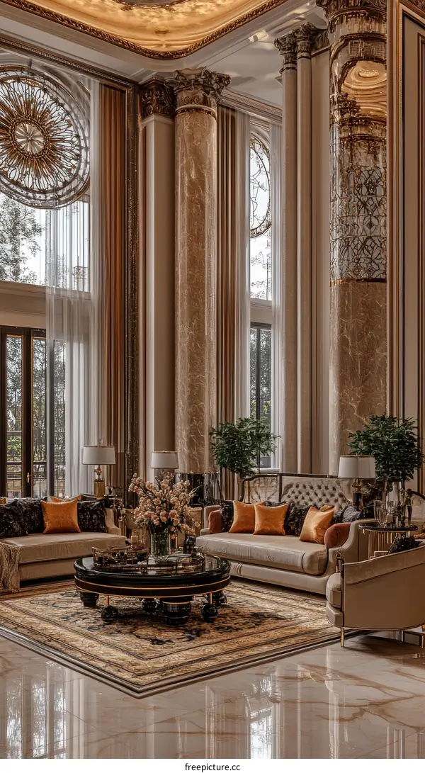 Luxurious Living Room with High Ceilings and Ornate Decor