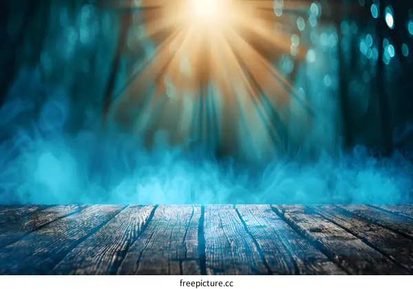 Wooden Plank in Foggy Forest with Bright Light