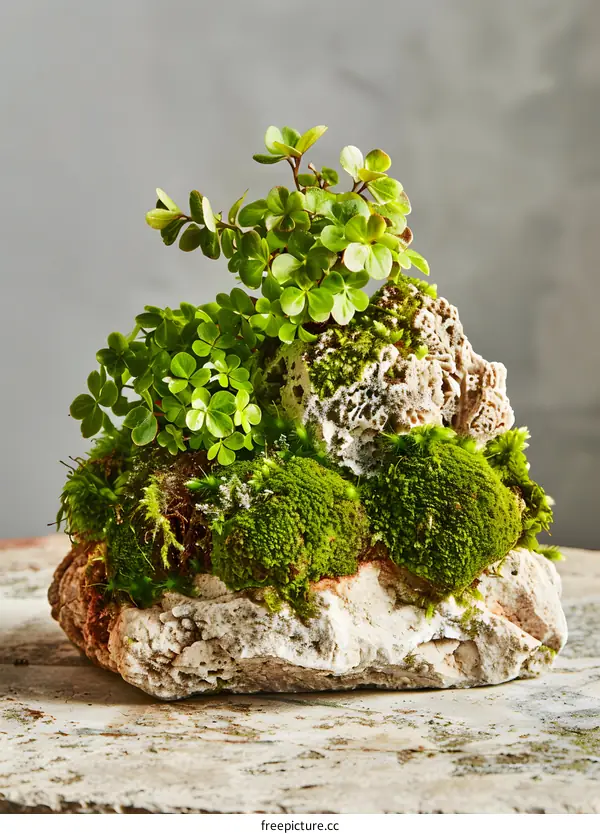 Green Moss And Plants On Rock Decoration
