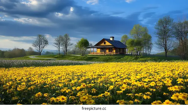 A Colorful Field of Yellow Flowers with a Wooden Cottage