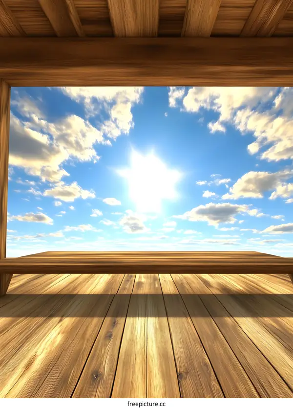 Wooden Deck with View of Blue Sky and Sun