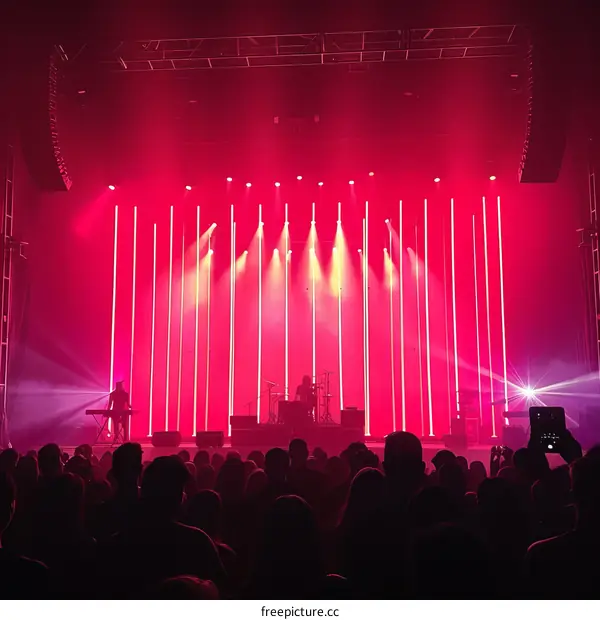 Musicians perform on a stage with red lighting