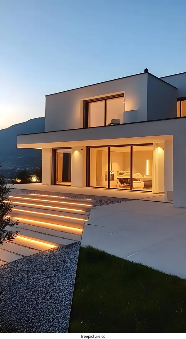 Modern House Exterior with Illuminated Steps and Grass