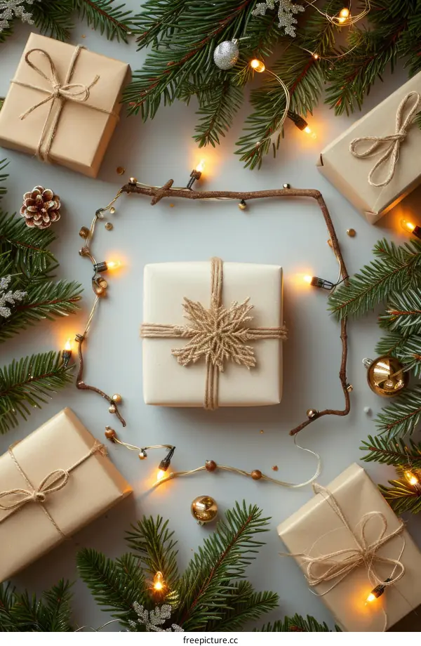 Christmas presents with fir branches and fairy lights