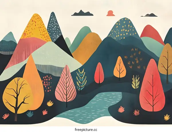 Abstract Illustration of a Colorful Mountain Landscape with Trees