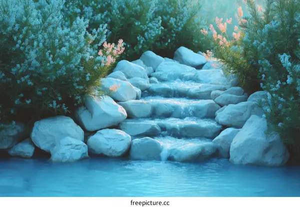 Tranquil Waterfalls and Stonescape in a Serene Garden