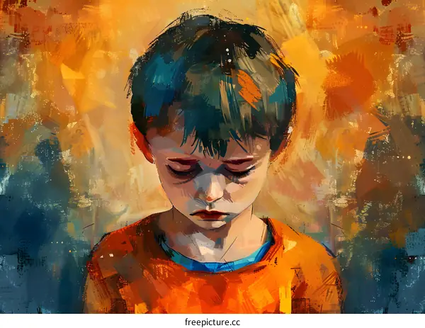 Portrait of a boy with dark hair and orange shirt
