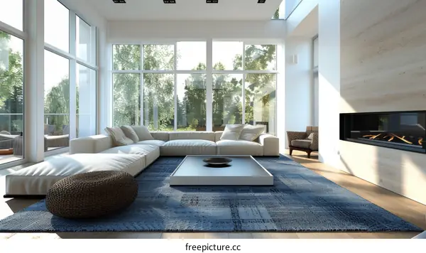 Modern Living Room with Large Windows and Blue Carpet