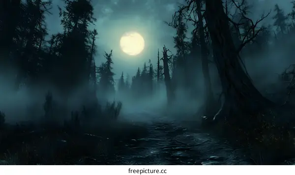 Dark Forest Path Under Moonlight