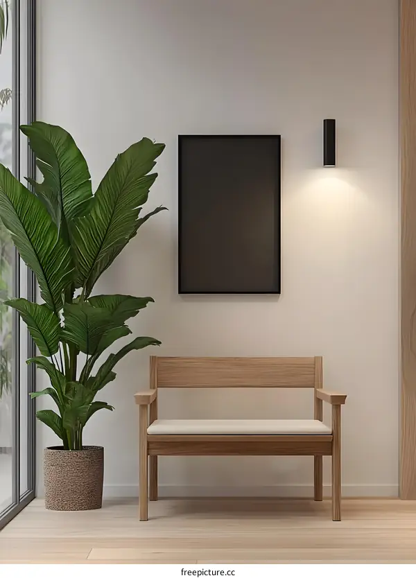 Minimalist Interior Design With Wooden Bench And Green Plant