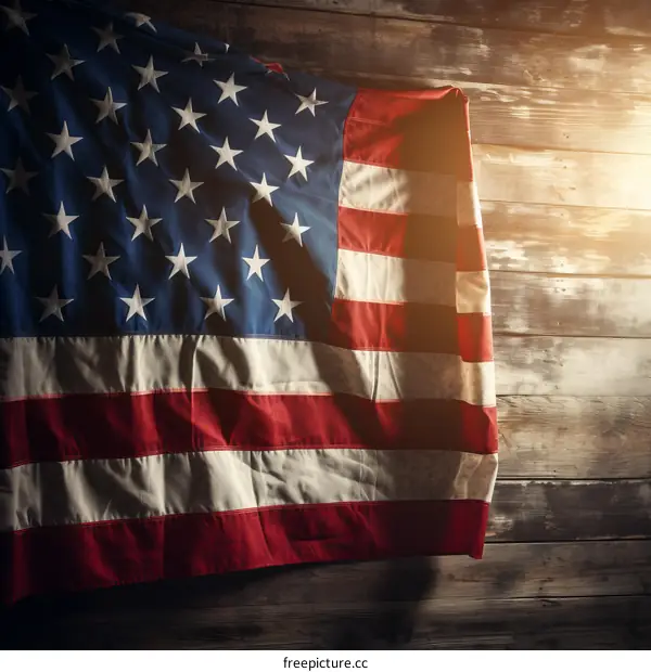 American Flag on Wooden Wall Bathed in Sunlight
