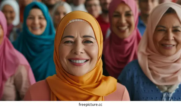 A group of Muslim women wearing colorful hijabs are smiling and looking at the camera.