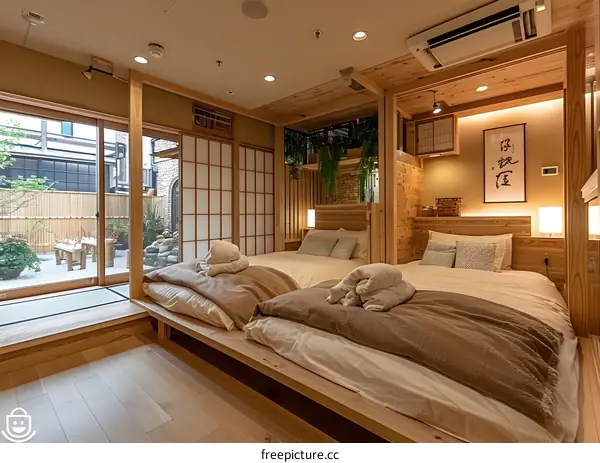 Modern Japanese Bedroom With Wooden Walls And Floor