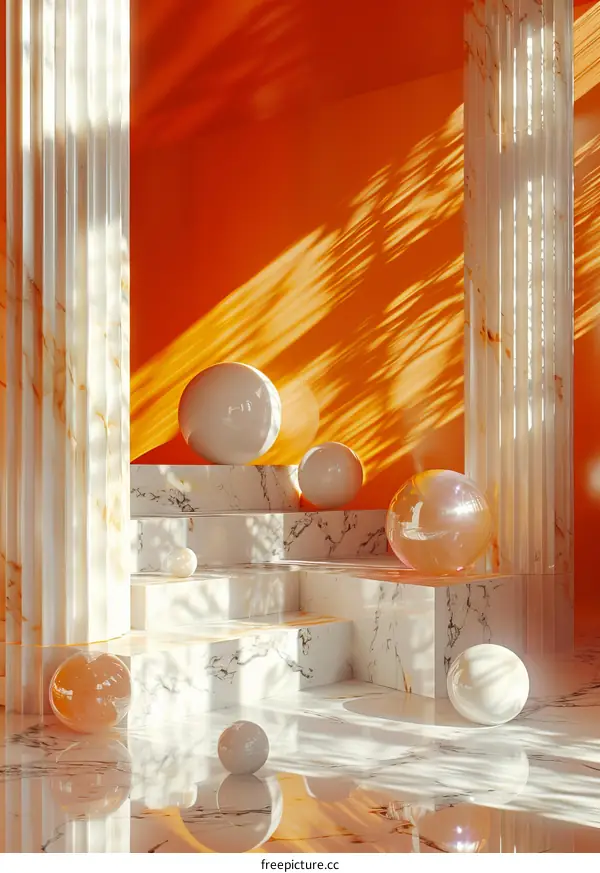 Abstract 3D Render of Marble and Glass Spheres in Orange Background