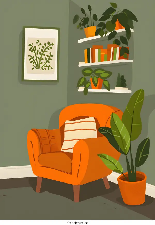 Orange Armchair with Plants in a Living Room