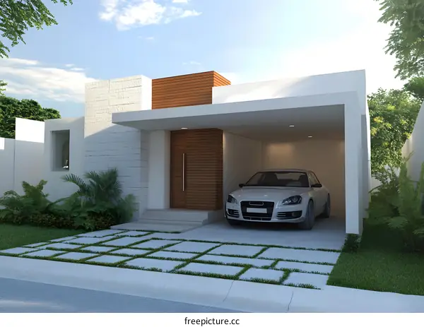 Modern House Design with Car Garage and Green Plants
