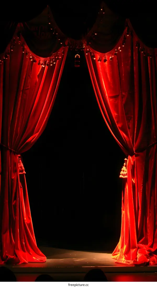Red Stage Curtains Opening Up To A Dark Stage