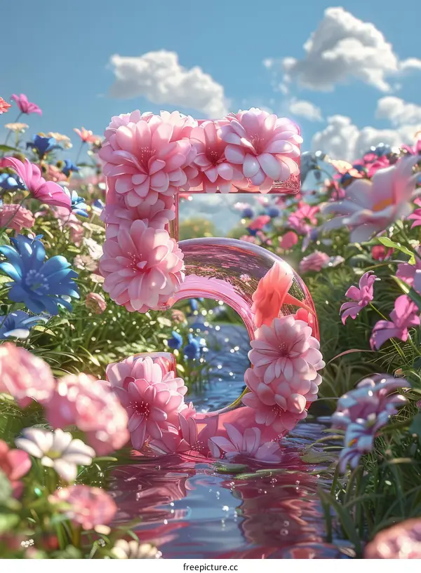 Five Pink Flowers in a Field