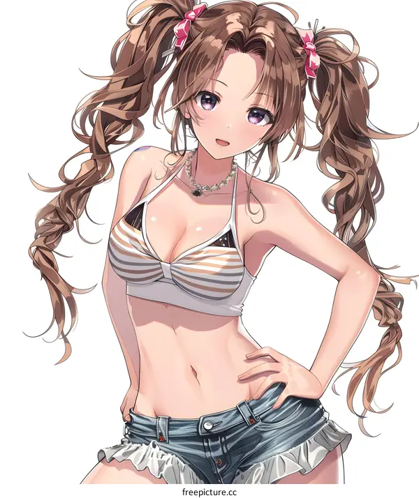 Anime Girl with Brown Hair and Purple Eyes Wearing a Striped Top and Denim Shorts
