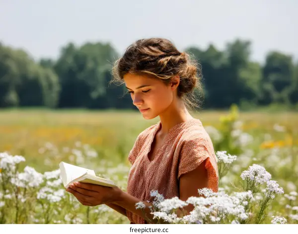 Woman Reading a Book in a Field of Flowers