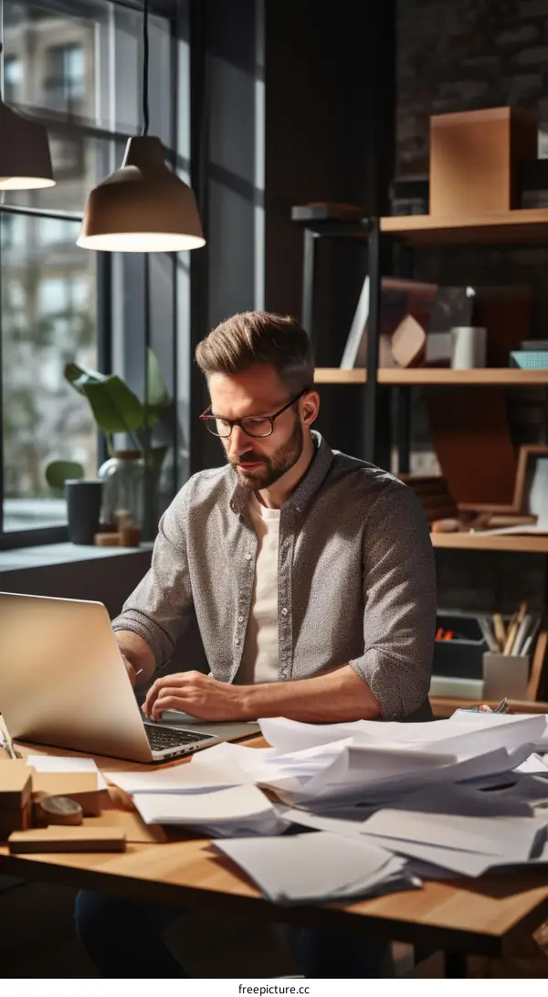 Focused male professional working on laptop in home office surrounded by papers