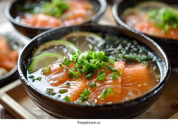A bowl of delicious salmon sashimi with green onions and lime.