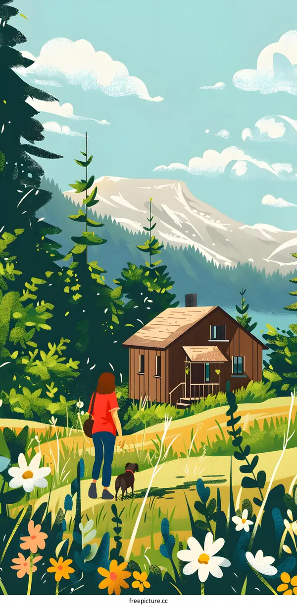 Woman Walking Dog Through Forest Trail To Cabin