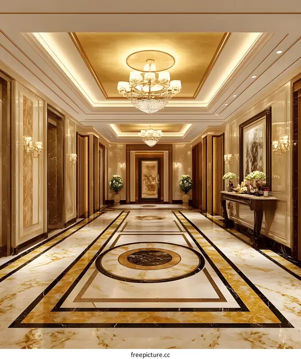 Luxury Hotel Corridor Interior Design With Marble Floor And Chandelier